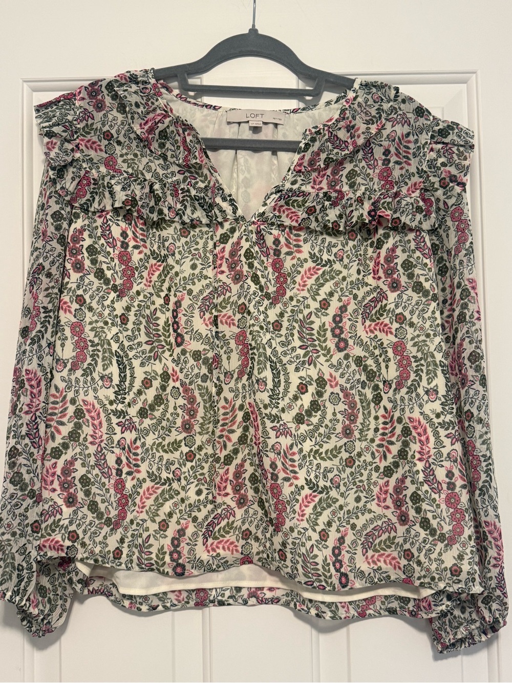 LOFT Cream Blouse with Pink & Green Floral Print and Ruffle Collar